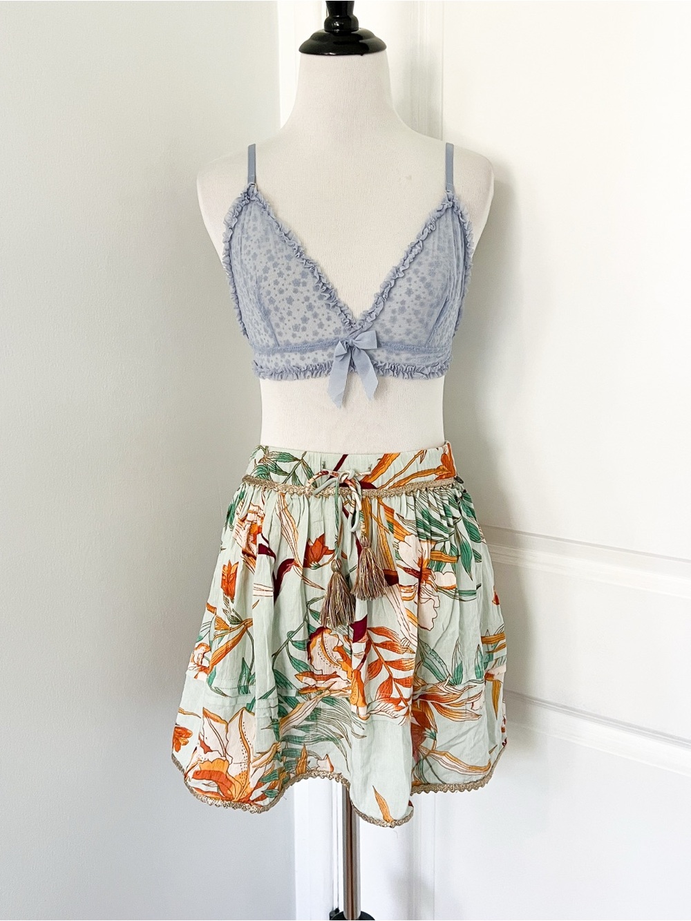 Z&L Floral Drawstring Mini Skirt in Light Green